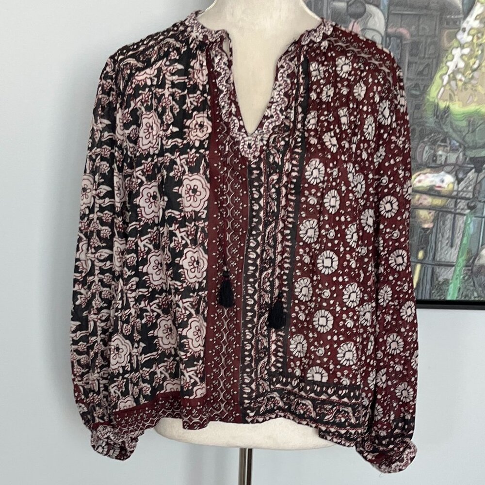 Elie Tahari Burgundy Print Peasant Blouse L